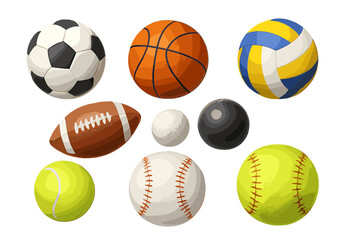 Set of popular sports balls including soccer, basketball, volleyball, football, and baseball