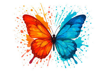 Butterfly with contrasting orange and blue watercolor wings and paint splatters
