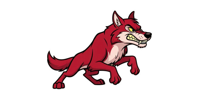 A cartoon red wolf with yellow eyes.