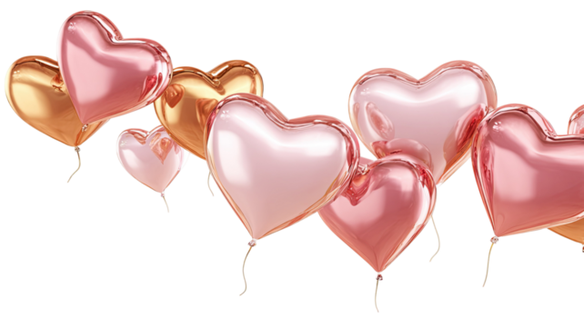 Heart-shaped balloons floating with smooth glossy surfaces and vibrant romantic atmosphere suitable for celebration themes, isolated on white background