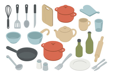 Isometric icons set of kitchen utensils and cookware tools