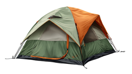 Multiple forest tents arranged together with outdoor camping equipment and natural wilderness atmosphere captured clearly, isolated on white background
