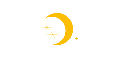 Yellow crescent paper cutout, moon icon, waxing moon symbol, crescent moon icon symbol set on transparent background.