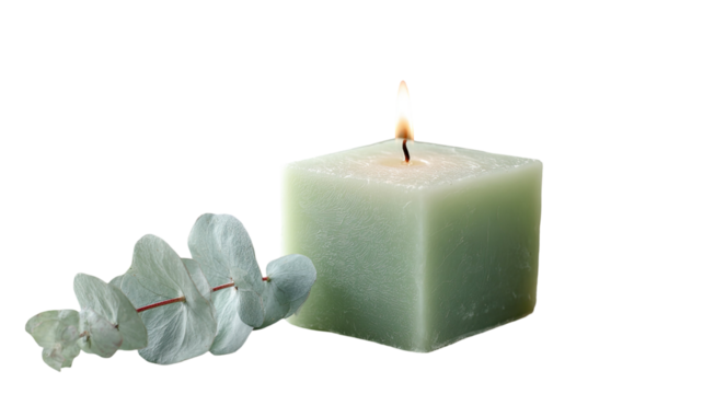 Beautiful candle with soft warm glow and detailed wax texture creating elegant atmospheric lighting effect, isolated on white background