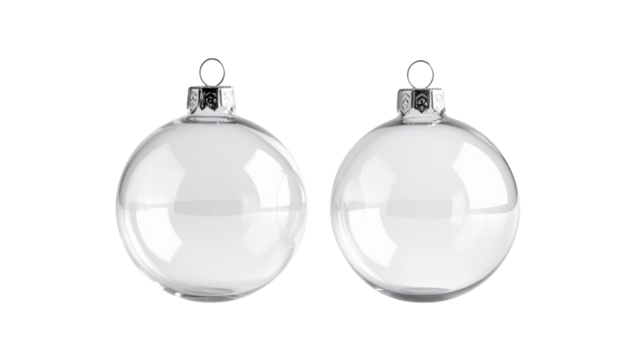 Pair variation transparent glass Christmas bauble set with silver hanging cap isolated on transparent background