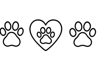 Black outline set of three paw prints including one inside a heart shape