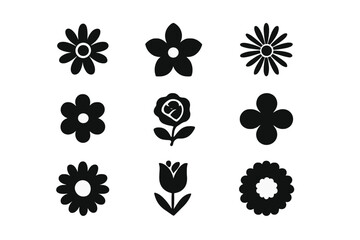 Nine stylized black and white flower icons and symbols collection