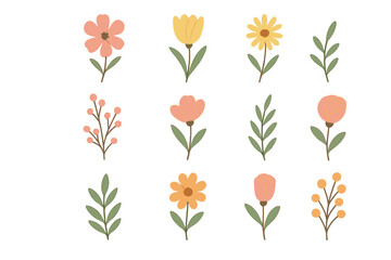 Stylized spring flowers and various botanical elements for nature designs