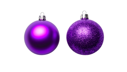 Dual variation shiny purple glitter Christmas ball ornament bundle in festive widescreen layout isolated on transparent background