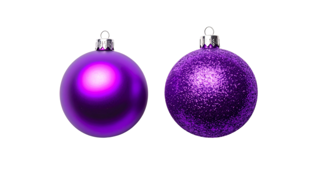 Dual variation shiny purple glitter Christmas ball ornament bundle in festive widescreen layout isolated on transparent background