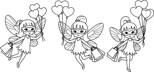 Fairy silhouette, heart balloon, shopping bag, cartoon character, flying pose, black vector, whimsical style, cad drawing flat vector illustration
