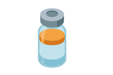Isometric glass vial with orange liquid and gray stopper