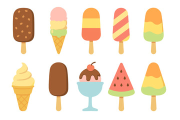 Assortment of colorful ice cream and frozen dessert icons on sticks and cones