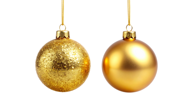 Two-style glittery gold holiday ornament with delicate hanging string set isolated on transparent background