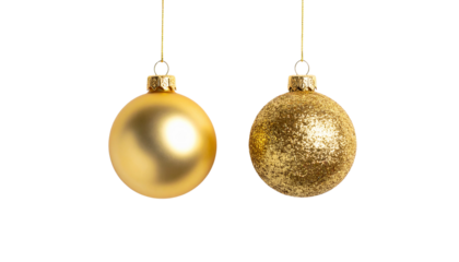 Dual variation sparkling gold Christmas bauble ornament bundle with thin string isolated on transparent background