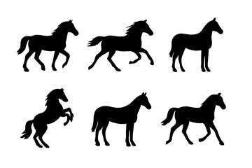 Six black horse silhouettes showing various dynamic gaits and poses