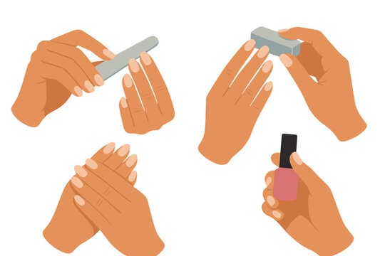 Sequence of hands performing manicure steps with buffer and pink nail polish