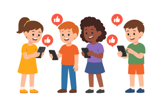 Happy diverse children interacting with mobile phones and social media icons
