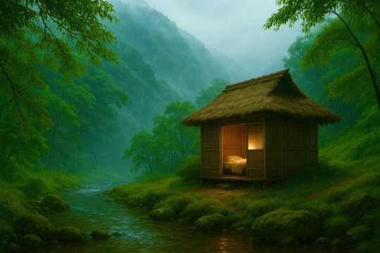 A small wooden hut is sitting on a grassy hillside next to a river