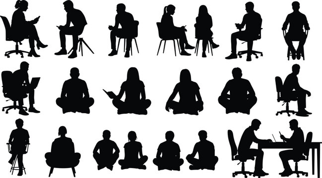 Seated human silhouette, sitting posture vector, reading writing activity, laptop usage pose, social interaction icons, cad drawing flat vector illustration