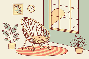 Cozy living room interior with chair plants clock and window vector illustration