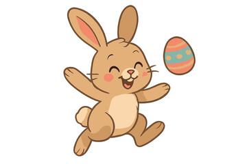Fototapeta premium Joyful cartoon bunny rabbit jumping with decorated Easter egg
