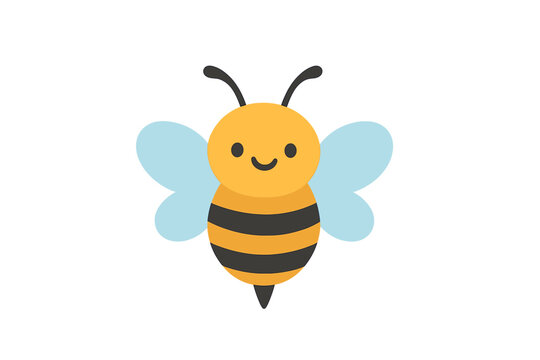 Happy cartoon bee insect with blue wings and black stripes