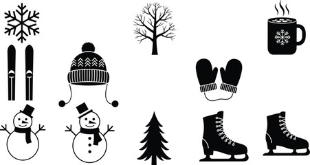 Winter icon silhouette, seasonal vector set, snowman mitten hat, ski skate mug, pine tree snowflake, cad drawing flat vector illustration