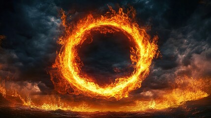 A massive, fiery ring of flames engulfs a dramatic, stormy sky, creating a powerful and intense visual effect.
