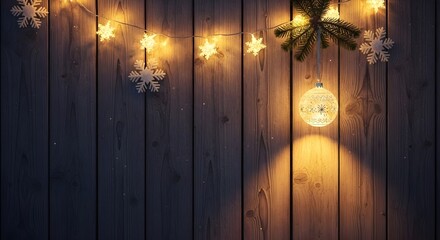 Cozy warm light string with snowflake and star shape bulb illuminating a dark rustic wooden plank wall background with a small fir branch