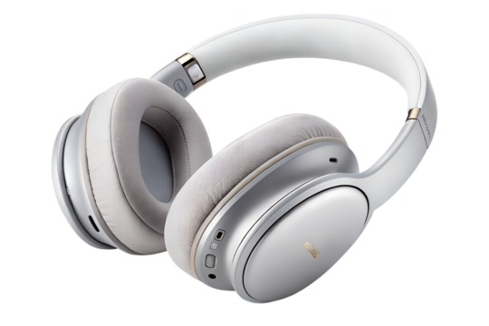 Modern wireless headphones in silver and white offer premium audio listening experien