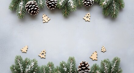 Top view of snowy fir branches with pine cone border and small wooden christmas tree cutout decoration on a light gray background, perfect for holiday copy space