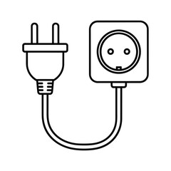 Simple outline illustration of an electrical plug and socket connected by a cord