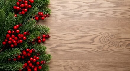 Christmas evergreen branch border decorated with vibrant red winter berry clusters along the left edge of a light brown wooden background with ample copy space