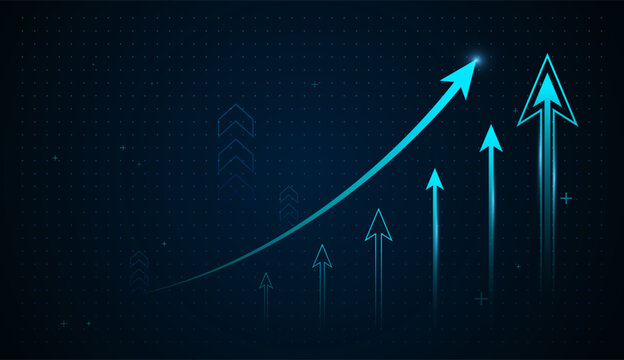 Upward Solumns Light Blue Arrows Growth for Technology Background Concepts, and Blue Futuristic Business sales growth arrows Chart on blue technology background