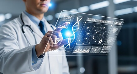 Doctor Using Futuristic Technology to Analyze DNA Structure.