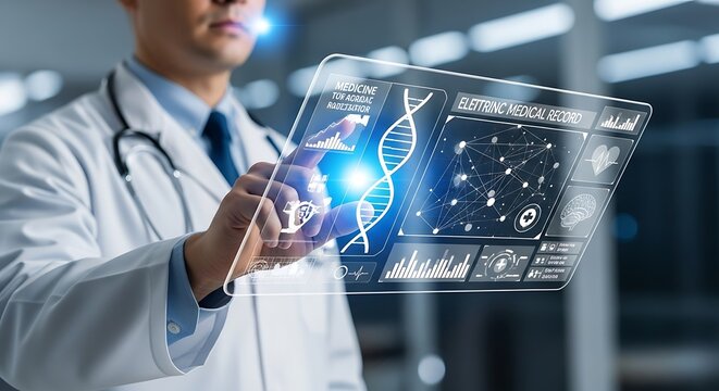 Doctor Using Futuristic Technology to Analyze DNA Structure.