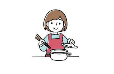 鍋の中の様子を見る女性