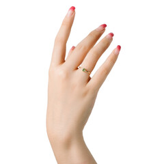 Hand with Elegant Silver Ring and Pink Gradient Nails on Clean White Background (PNG Style)