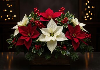 Christmas poinsettia arrangement with holly and festive lights
