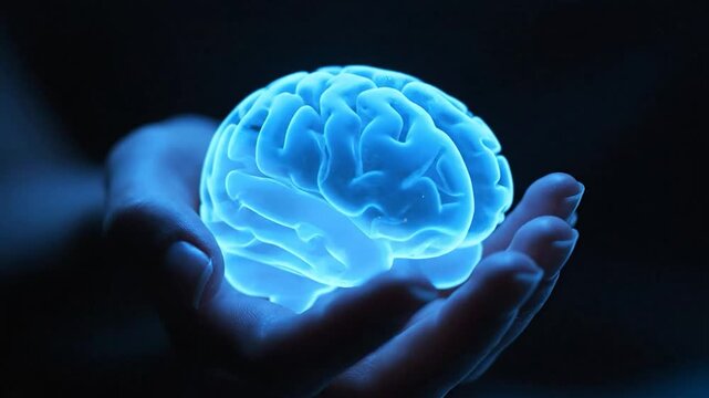 Glowing blue human brain held delicately in open hands against a dark background, science concept
