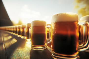 Row of frosty beer mugs at sunset