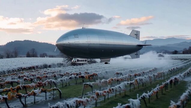 Airship Flying Over Snowy Vineyard in Winter Landscape