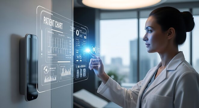 Doctor interacting with futuristic medical interface in modern hospital.