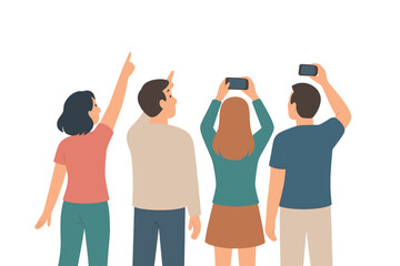 Obraz premium Diverse group looking up and recording an overhead event with mobile phones