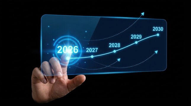 Business professional touching futuristic holographic timeline showing growth progression from 2026 to 2030