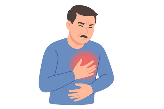 Man clutching chest area showing sharp sternum pain and cardiac discomfort