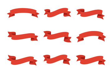 Nine blank red banner ribbons in various shapes isolated on white
