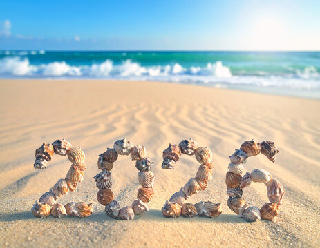 New year 2026 text with shells on the beach and ocean wave. a unique concept
