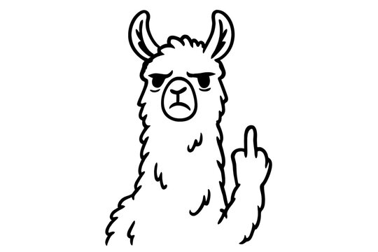 Angry llama making offensive gesture cartoon outline drawing